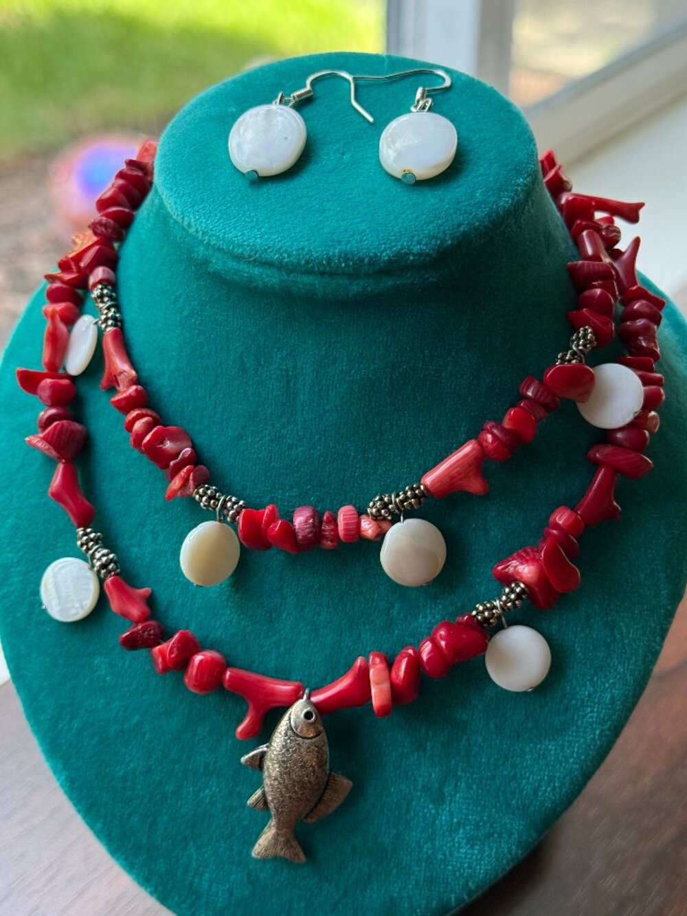 Unique Upcycled Coral and Mother of Pearl Necklace with Metal Fish Charm